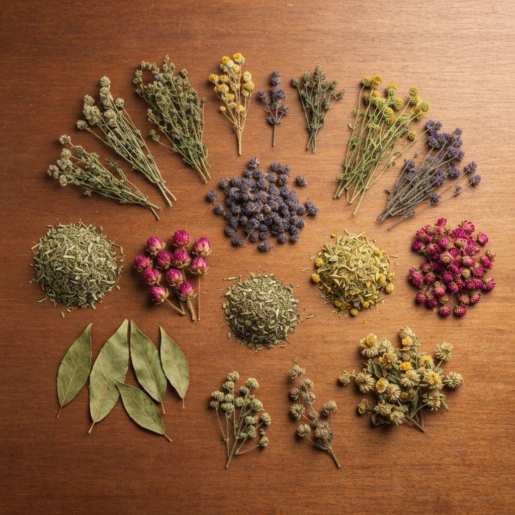 Botanische Komposition von getrockneten Kräutern auf Schreibtisch