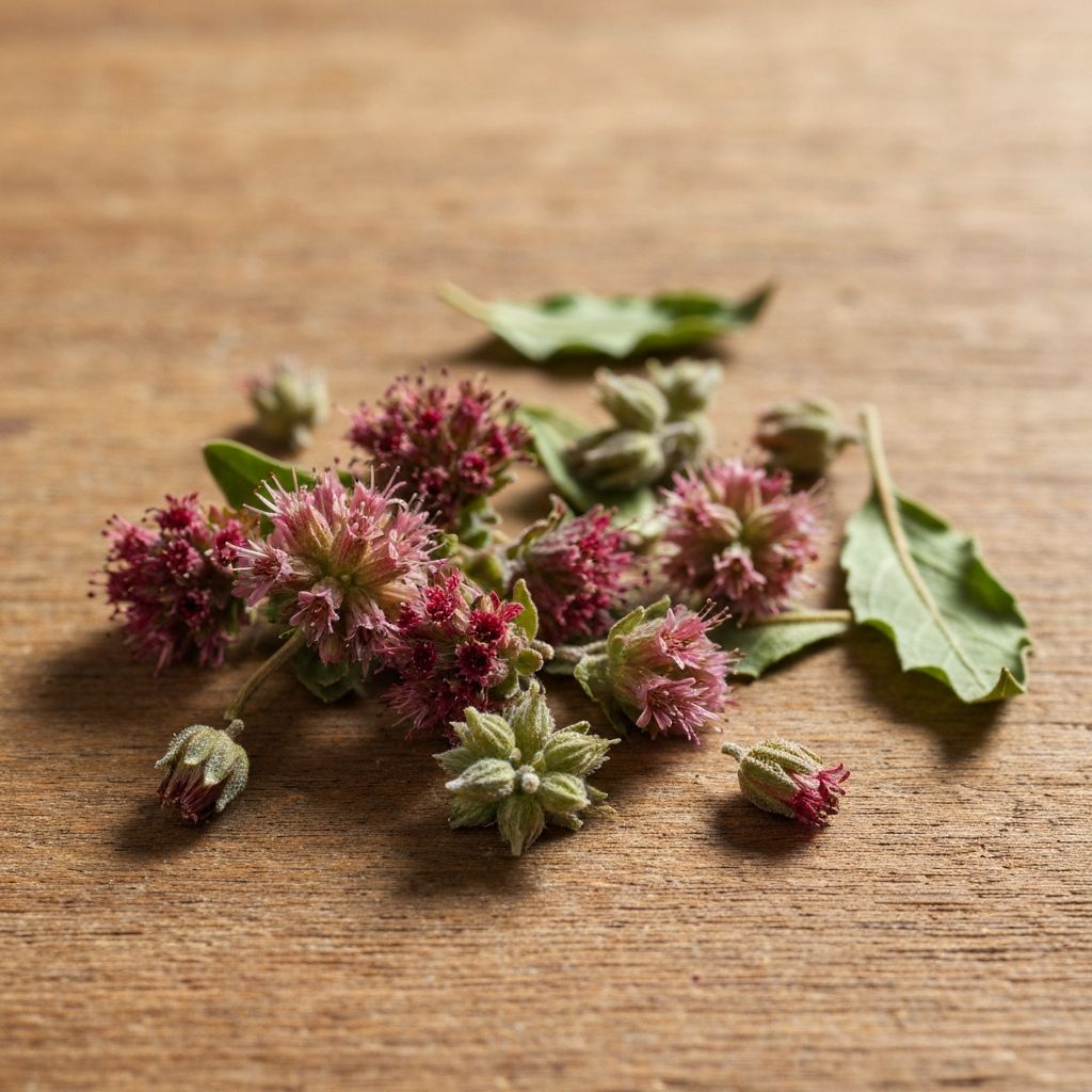 Rhodiola getrocknete Blüten und Blätter auf Holzoberfläche