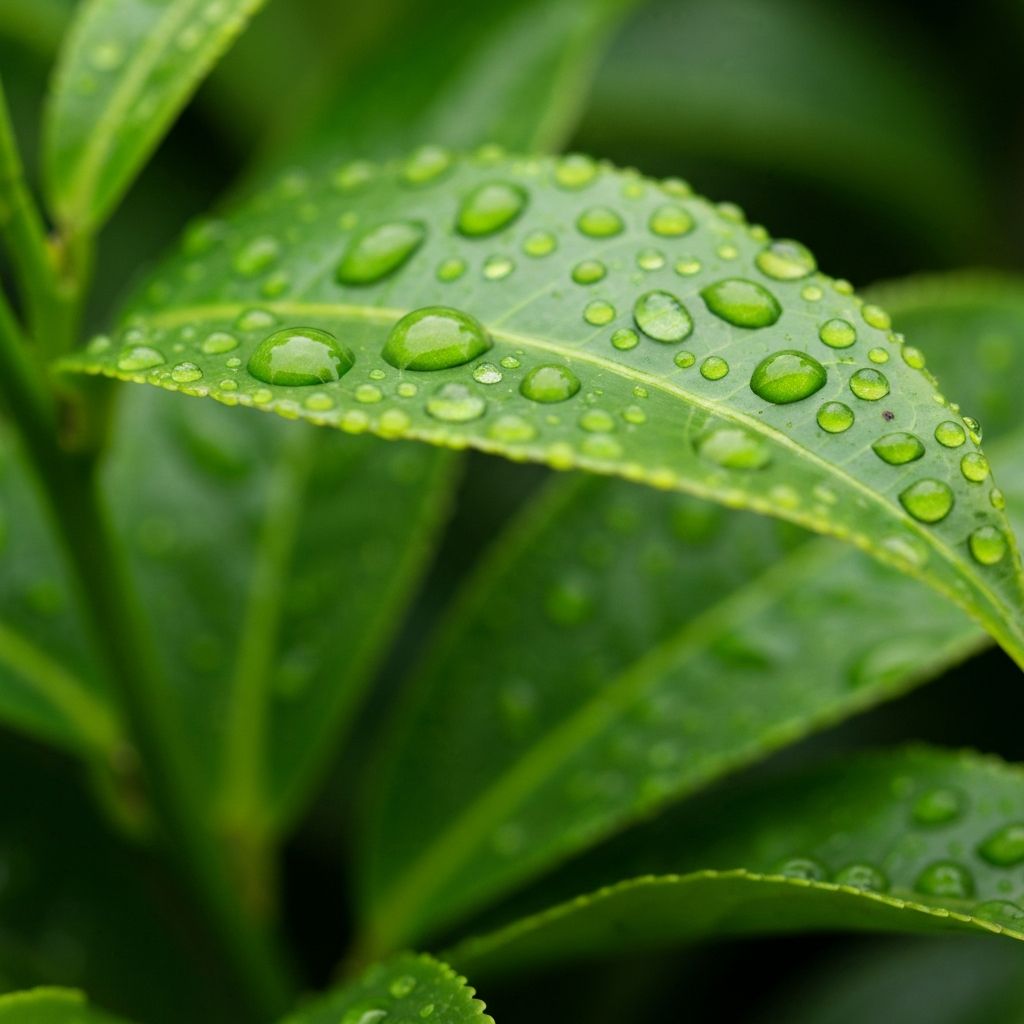 Grüne Teeblätter mit Tautropfen